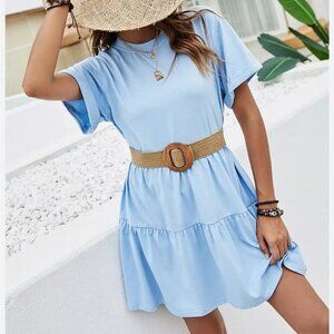 Rolled Cuff Ruffle Hem Babydoll Light Blue Casual Mini Dress Women’s Size Small